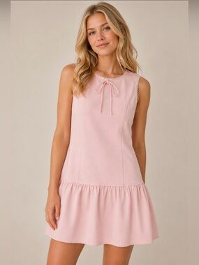 WAYF Light Pink Denim Dress Scallop Trim Bow Detail Size L NWOT